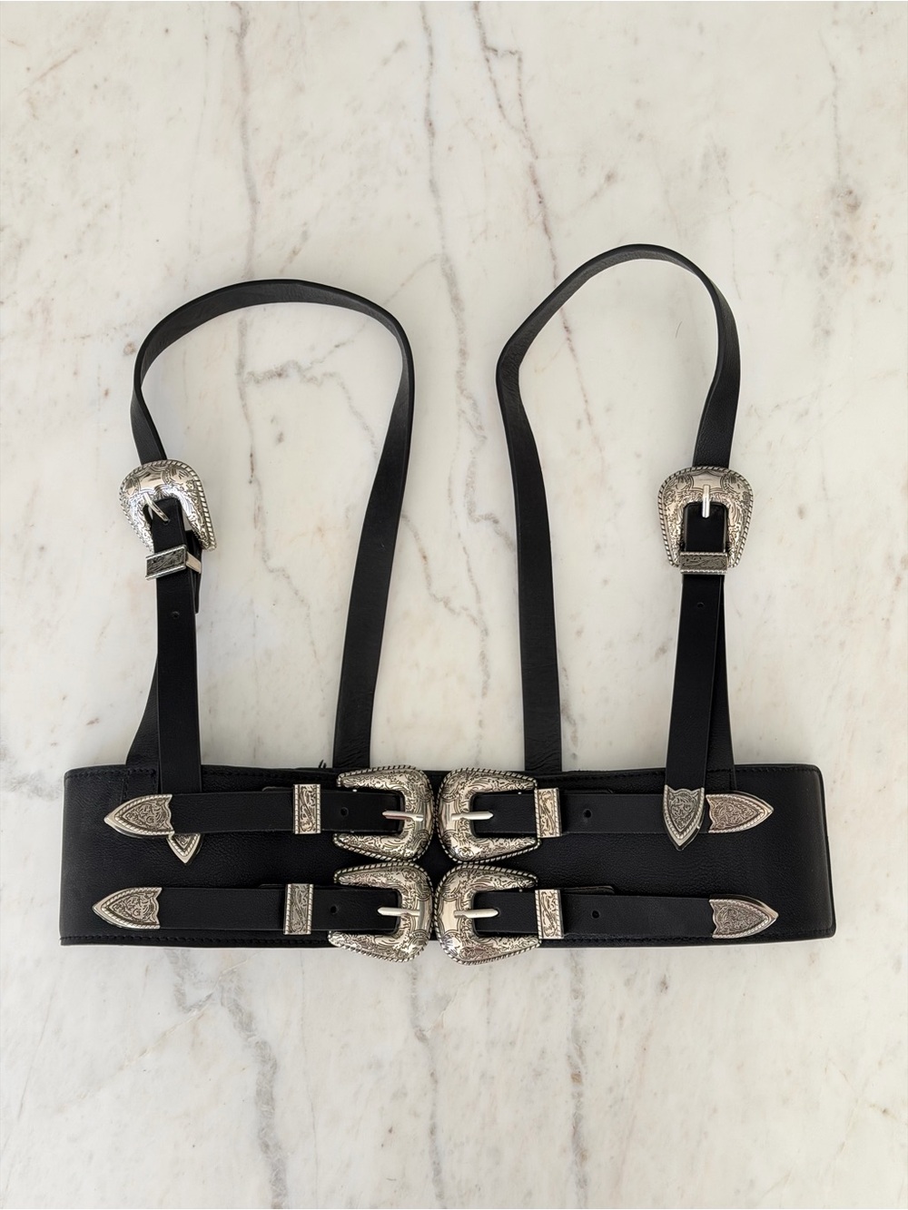 Black Western Double Buckle Waist Belt Harness Size M/L